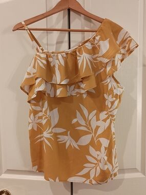 Women’s Mustard Yellow One-Shoulder Ruffle Floral Top